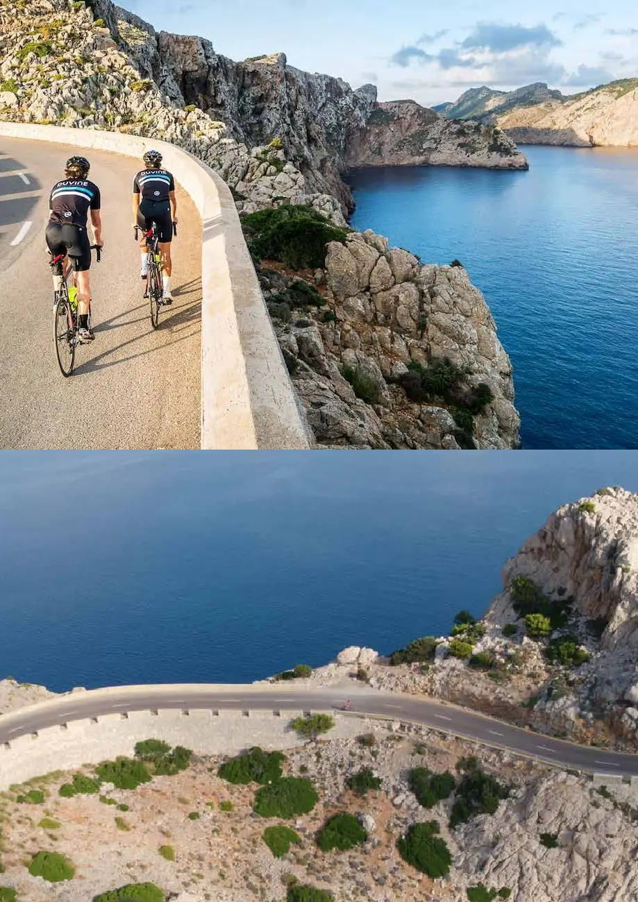 Collage of cyclists and winding coastal roads in Mallorca