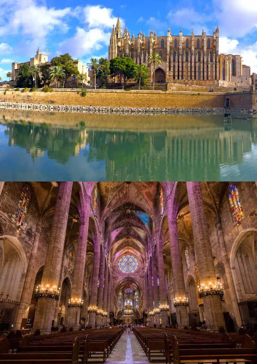 Collage showing the exterior and interior of Palma Cathedral