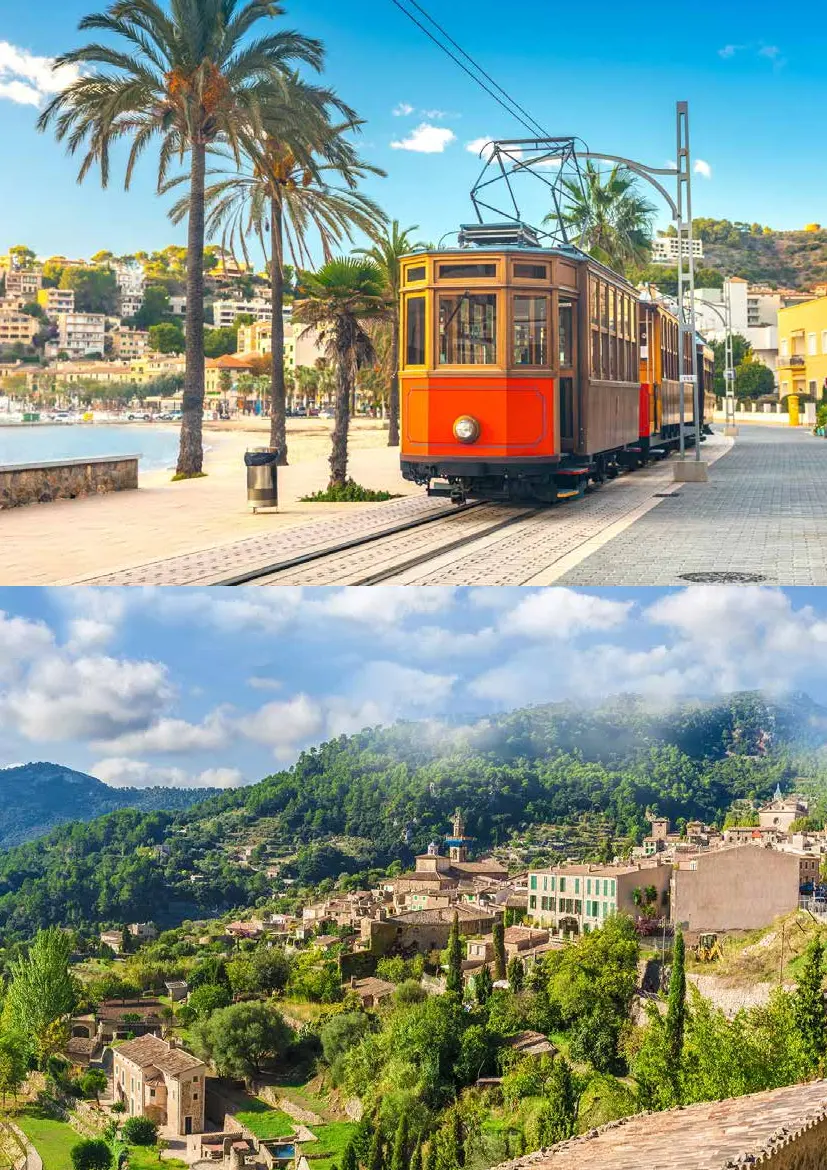 Collage of a historic tram and a mountain village in Mallorca