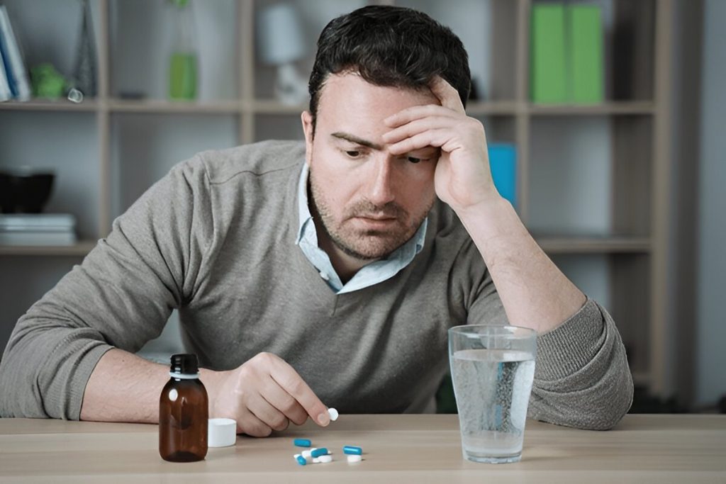 Man looking worried at pills and water, illustrating benzodiazepine addiction in the UK