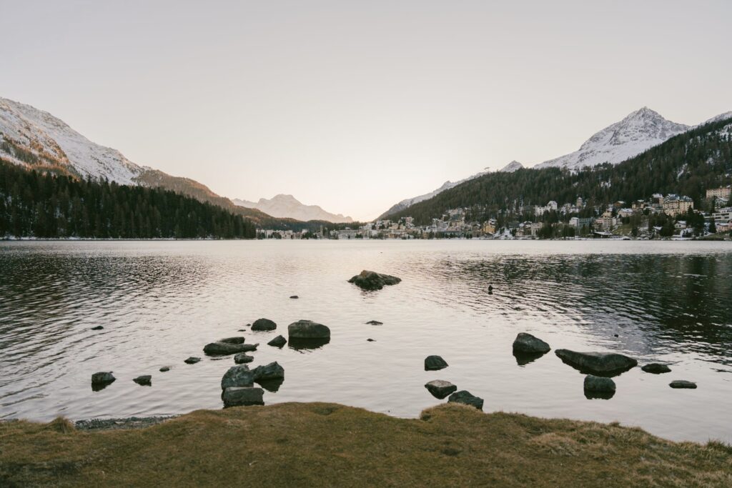Rocks along the edge of an alpine lake