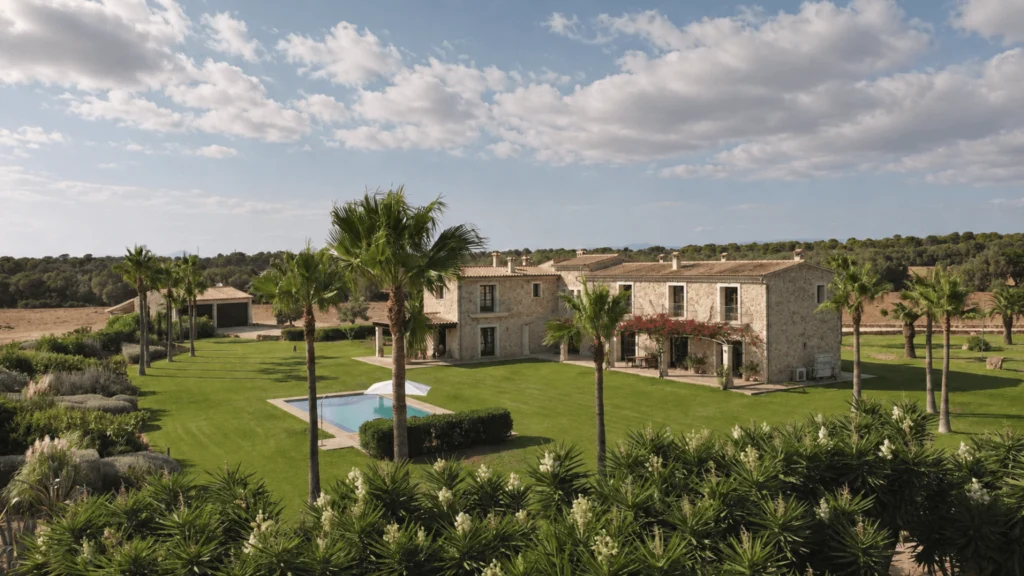 Stone residence surrounded by lawns and palm trees