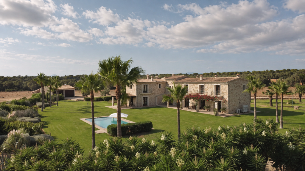 Stone residence surrounded by lawns and palm trees